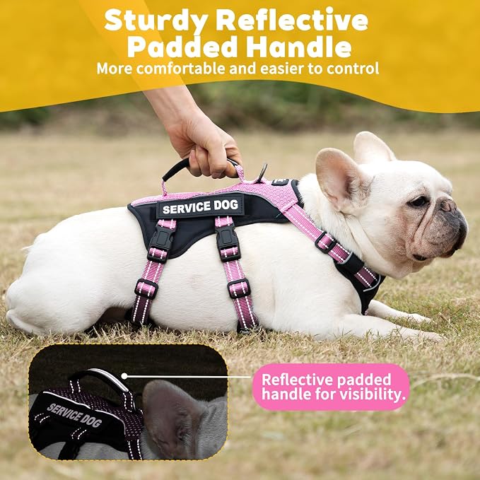 Service Dog Vest Harness, Escape Proof Harness with 6 Patches, No-Pull, Reflective Harness with Handle, Adjustable for Small to Large Dogs, for Training and Hiking (Pink, M)