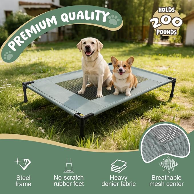 Elevated Dog Bed for Large Dogs - Outdoor Cooling Cot with Washable Breathable Mesh, Portable Raised Pet Bed with Non-Slip Feet & Waterproof Teslin, Heavy Duty & for Camping
