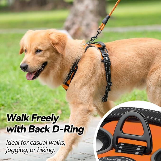 PoyPet No Pull Dog Harness Medium with Front Clip & Neck Release Buckle | No Choke, Adjustable Vest, Reflective, Back Clip, Lockable, Soft Padded, Easy Control Handle for Walking Training, M, Orange