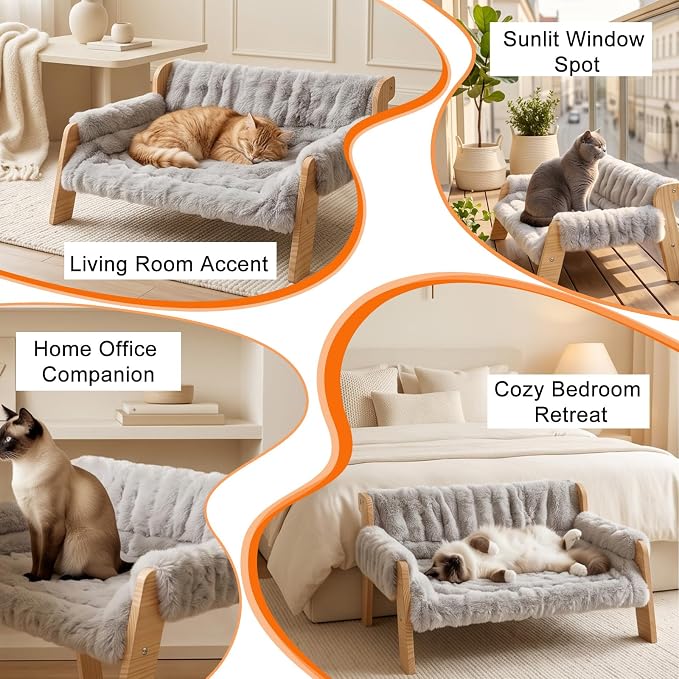 homegroove Elevated Cat Couch Bed, Wood Cat Sofa for Indoor Cats, Gray | 27"L x 18"W x 11.8"H, solid wood cat bed with removable washable cushion, available in white and gray, for cats & small dogs