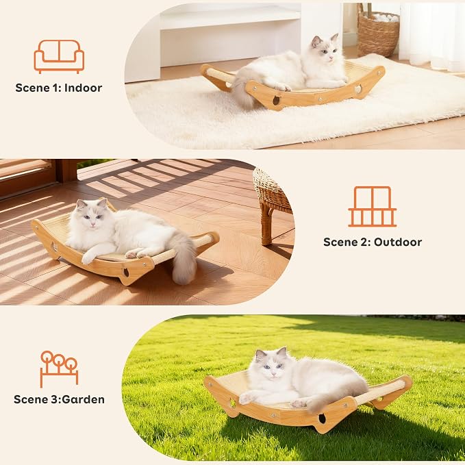 Cat Scratcher Hammock Bed, U-Shaped Wood Sisal Lounger, Furniture Protector | pingping-go, 23.6 x 13.8 Inch, Wood Frame, Natural Sisal, Indoor & Outdoor, for Large Cats