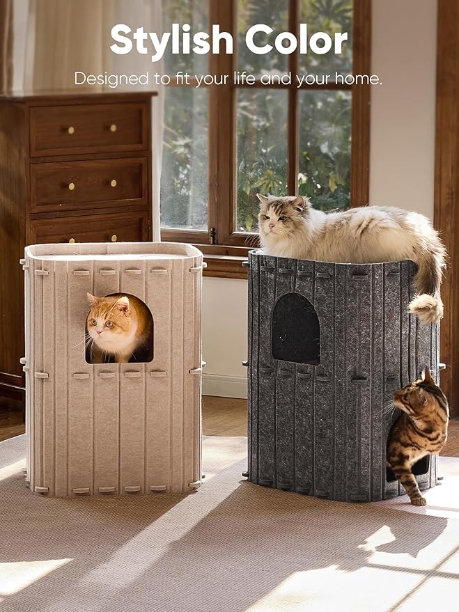 FUKUMARU Cat House for Indoor Cats, Warm Felt Cat Bed, Scratch Resistant | Large Cat Bed Cave, 3-in-1 Cat Condo, Cozy Felt Covered Cats Tunnel, 23.62 Inch Kitten Hideaway for Multicats, Dark Grey