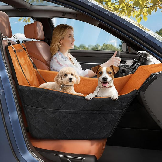 Elevated Dog Car Seat for Small and Medium Dogs Up to 35 lb | 4" High-Density Foam Dog Car Bed, 2 Storage Pockets,3 Safety belts,Fully Removable and Washable for Easy Care,Black+Brown
