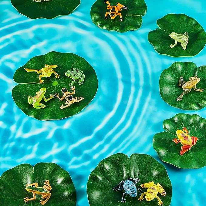 Hungdao 72 Pieces Mini Plastic Frog Toys and Artificial Lily Pads, Include Colorful Realistic Frogs Rainforest Animals Figures Character Toys and Floating Foam Leaves for Pool Decor Party Favor