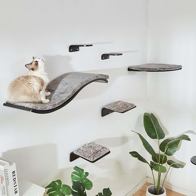 LIORCE Cat Shelf with Comfortable Cushion - Wave Modern Cat Bed - Minimalistic Floating Wall Perch - Wooden Wall Mounted Cats Furniture for Sleeping, Playing, Climbing, and Lounging, Walnut