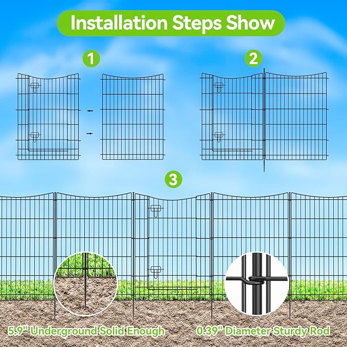 INJOPEXI Decorative Garden Fence 6 Panels 13ft(L)×36in(H) Metal Garden Fences with 5 Panels + 1 Gate, Animal Barrier Rabbit Fence Rustproof Wire Temporary Dog Fencing Outdoor for Yard Lawn Patio