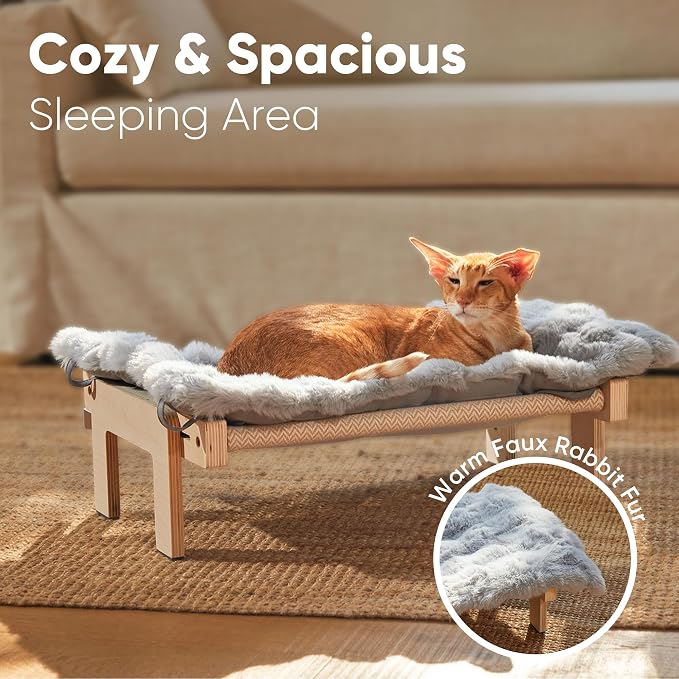 FUKUMARU Cat Window Perch, Sturdy Wood Hammock Window Bed for Indoor Cats | 3-in-1 Convertible Cat Bed for Windowsill, Bedside & Floor, Reinforced Metal Frame Hammock with Washable Fluffy Cushion