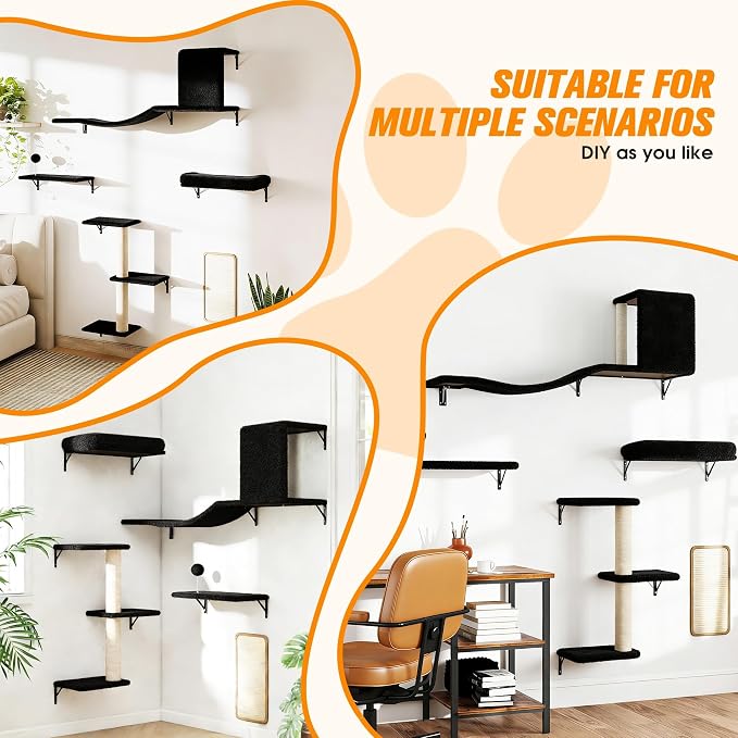 5 Pcs Wall-Mounted Climber Set, Wood Indoor with Shelves and Perches, Ladder, Condo House, Scratching Board and Tree, Wall Shelves Furniture for Cats (Black)