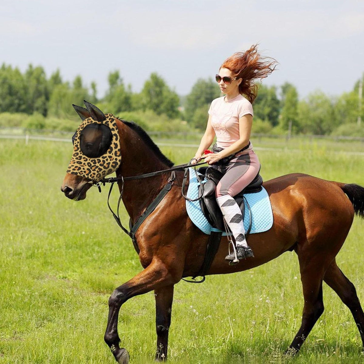 Horse Fly Mask with Ears - Comfort Fit, Durable & Breathable, Easy to on/Off | UV Protection, Large Eye Space, Stretchy Leopard Print (2pcs Large, Tangle-Free)