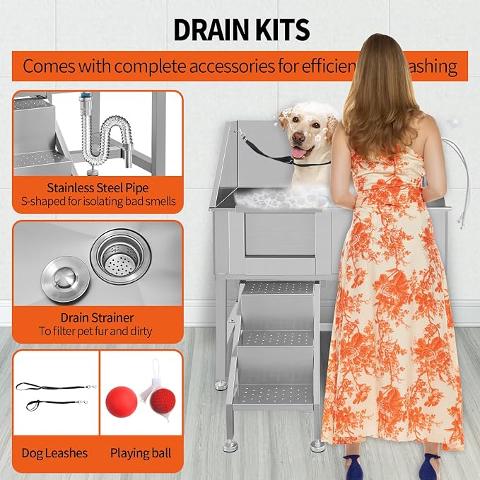 38" Stainless Steel Dog Washing Stations for Large Dogs, Pet oming Tub for Home, Professional Pet Bathtub Bathing Station, Cat Wash Station, Dog Shower Tub with Stairs, Drain & Door,L-Door