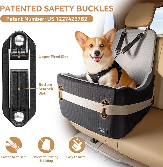 PETSFIT Dog Car Seat with Patented Safety System, 5" Elevated Cushion | Fully Detachable Washable Cover, Memory Foam Dog Booster Seat for Small/Medium Dogs Up to 35 Lbs, Front/Back Seat Travel