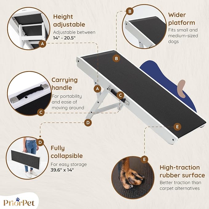 Dog Ramp for Couch – Non-Slip, Sturdy Build Foldable Wooden Dog Ramp – Supports up to 200 lbs – 7 Adjustable Heights (14"–20.5") – Enhanced Stability – Birchwood Pet Ramp for Small Dogs – White