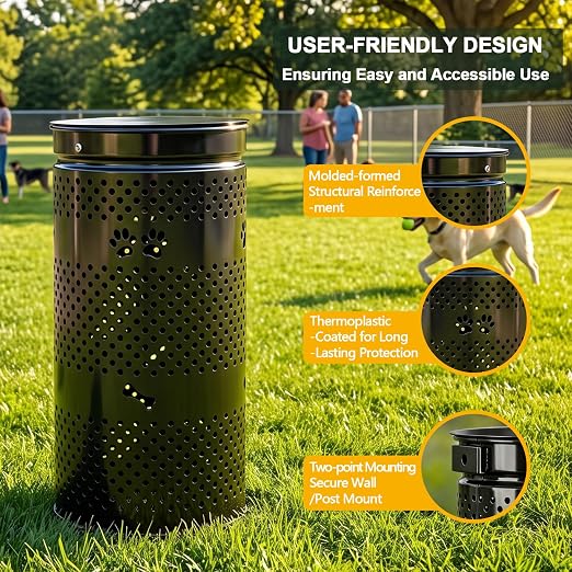 10 Gallon Galvanized Dog Waste Trash Can, Black | Durable galvanized steel pet waste bin with wall post and ground installation options, ideal for parks, yards and communities