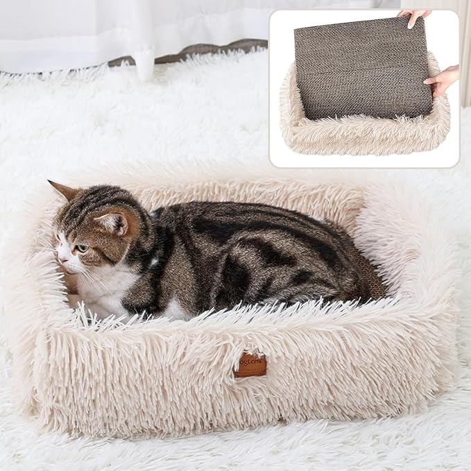 Cat Lounge Scratcher Box with Removable Cardboard (Beige) | High-density Corrugated Cardboard with Double-sided Use, Soft Long Plush, Release Stress and Protect Furniture