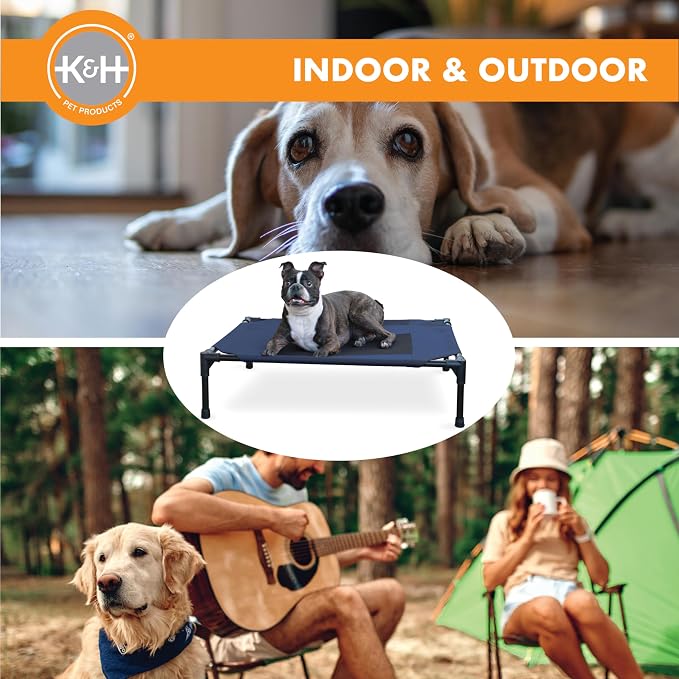 K&H Outdoor Elevated Dog Bed, Cooling Raised Dog Bed, Blue, Medium 32x25in | Pet Cot for Medium & Large Pets, Breathable Mesh Center Hammock Design, Indoor/Outdoor Washable Cover, 32x25in