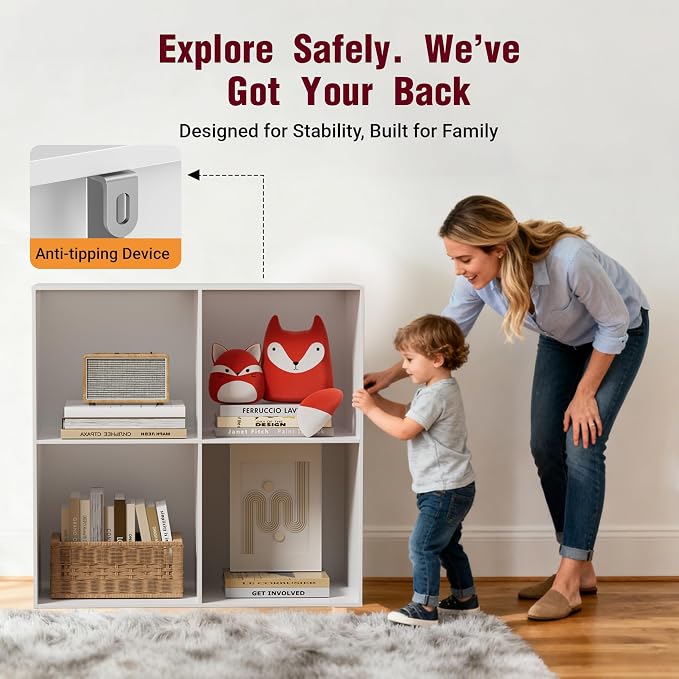 Book Shelf, Wooden Cube Storage Organizer with 11" Open Cubes, Stackable Modular Bookcase for Room Divider Storage, 2 Tier Bookshelf for Living Room, Bedroom, Office (White, 4-Cube)