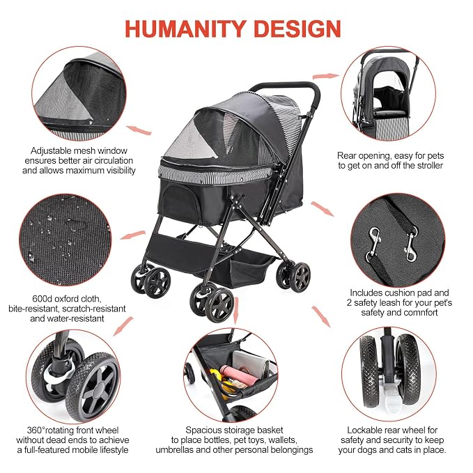 Lightweight Dog Stroller with Reversible Handle for Medium Small Dogs and Cats, Foldable Pet Stroller Travel Carriage with Large Storage Basket, 4 Wheels, Black