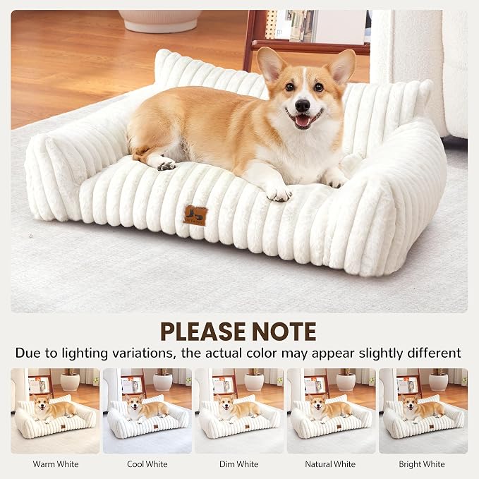 Dog Couch for Pets, Cute Small Dog Bed Medium Size Dogs with Cozy Soft Faux Rabbit Fur for Small & Medium Dogs, Supportive Pet Sofa with Removable Washable Cover, Cream, 36"