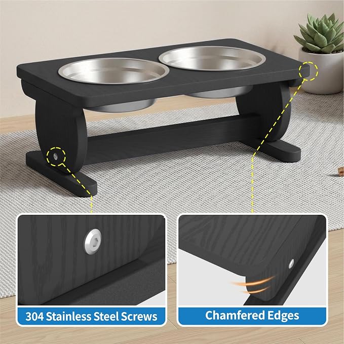 Raised Dog Bowl Stand for Small Sized Breed, Feeding Station with 21 oz 2 Stainless Steel Bowls & Licking Plate,Dog Food Bowl Black