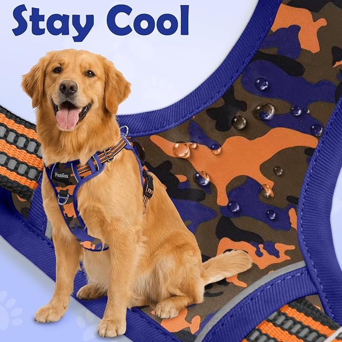 Dog Harness No Pull, Adjustable Pet Vest Harness, Super Soft Material with Vertical Handle Easy Control, Reflective Night Walking, 2 Leash Clips for Medium Sized Dogs, Camo Orange, M