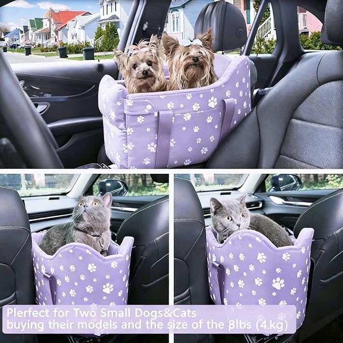 Center Console Dog Car Seat for Medium Dogs,Purple | Portable Armrest Booster With Soft Cushion Safety Belt, Up To 21 Lbs