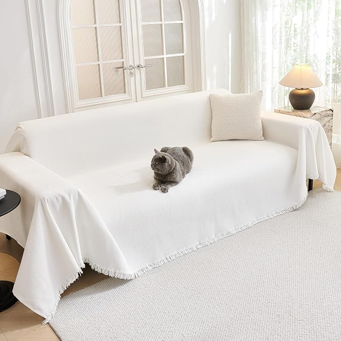 MYSKY HOME Sofa Covers for 2 Cushion Couch L Shaped Couch Cover Washable Couch Cover with Tassels Boho Couch Covers Non Slip Super Universal Soft Sofa Slipcover for Kids, Dogs, Pets, 71"x118", White