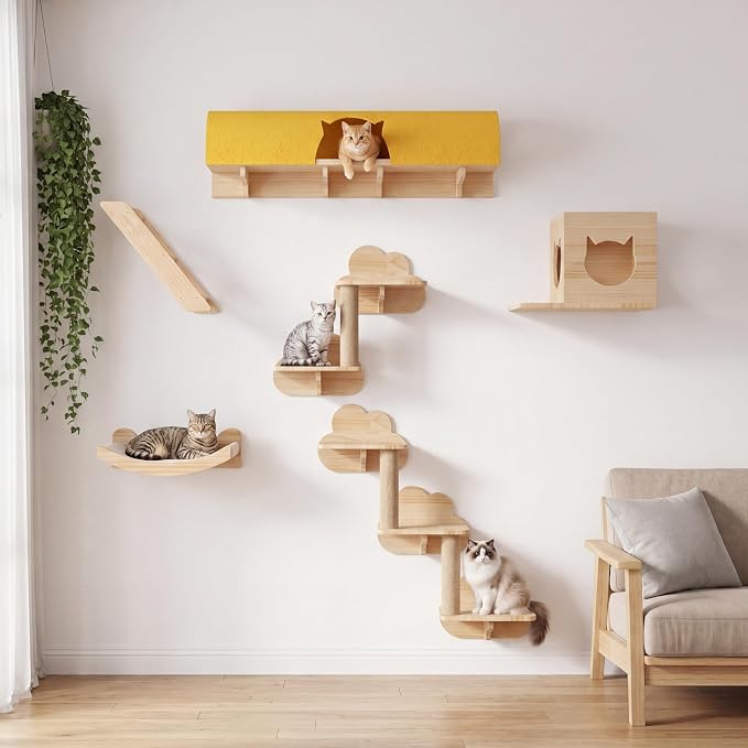 Cloud Cat Wall Shelves, 12-in-1 Wall Mounted Cat Shelf w/Tunnel | Solid Wood Floating Shelves for Indoor Large Cats, Multi-Level Cat Climbing Wall Systems with Scratching Post, Space Saving