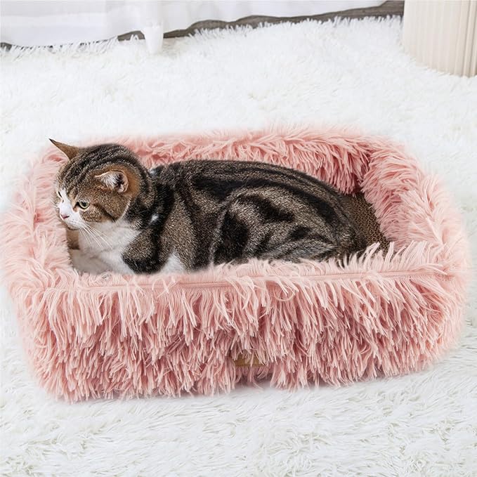 Cat Lounge Scratcher Box with Removable Cardboard (Pink) | High-density Corrugated Cardboard with Double-sided Use, Soft Long Plush, Release Stress and Protect Furniture