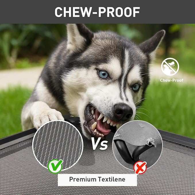 47'' Outdoor Elevated Dog Bed for Extra Large Dogs, Chew-Proof Pet Camping Raised Cot with Breathable Mesh - Durable Frame, Cooling Hammock Bed, Non-Slip Feet, Waterproof, Easy Clean