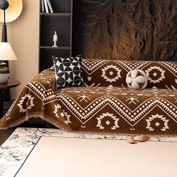 VClife Boho Couch Cover - Brown White Tribal Geometric Pattern Sofa Cover for 3 Cushion Couch Sofa Anti-Slip Washable Couch Cushion Cover, Diamond Zigzag Futon Sofa Protector for Living Room Decor