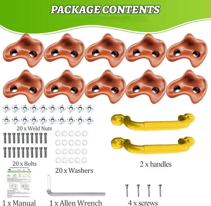 10 Rock Wall Climbing Holds Extra Large with 2 Handle,DIY Rock Climbing Grips with Mini Wrench for Indoor Outdoor Playground Play Set(Brown)