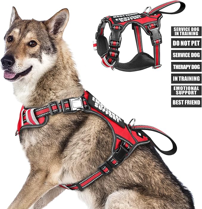 Service Dog Vest No Pull Dog Harness with 7 Dog Patches, Reflective Pet Harness with Durable Soft Padded Handle for Training Small, Medium, Large, and Extra-Large Dogs (X-Large, Red)