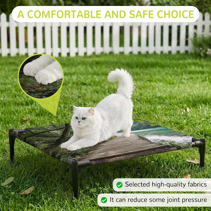 Outdoor Elevated Dog Bed for Small Dogs, Nature Scenery Breathable Cooling Raised Dog Cot for Indoor/Outdoor, Forest Walkway Lake Trees Spring View Waterproof Elevated Pet Beds, S 20 x 20 in