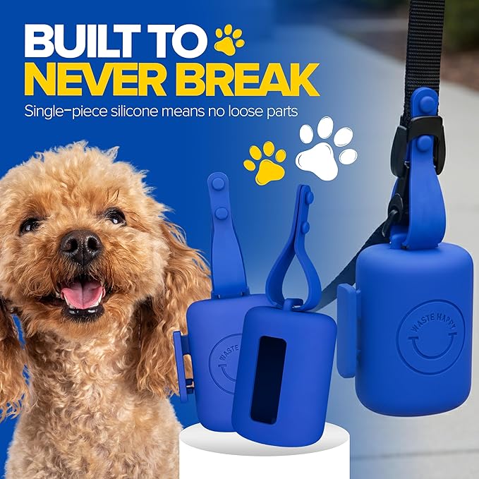 Dog Poop Bag Dispenser with 15 14" Bags Capacity – Blue Silicone Dog Poop Bag Holder for Leash | Durable, Portable & Refillable Waste Bag Case | Only Fits Waste Happy bags