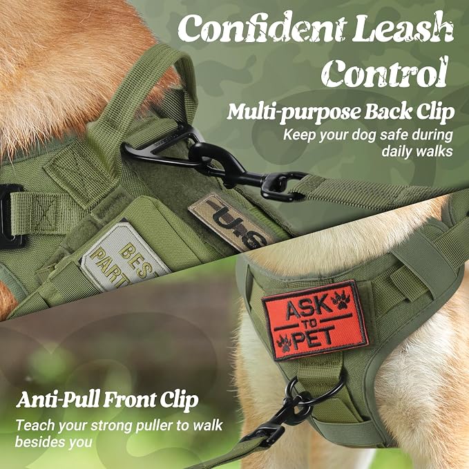 rabbitgoo Tactical Dog Harness X-Large, Heavy Duty Military No Pull Vest | Sturdy Metal Buckles, 5 Adjustments, Molle System, Powerful Pullers for Training, Hunting, Outdoor, Green, X-Large