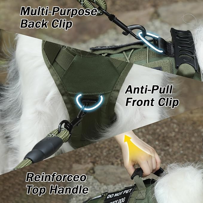 No Pull Tactical Dog Harness Small Sized Dog, Service Dog Vest, S, Green | Tactical Dog Vest Harness and Leash Set, Adjustable Military Service Dog Harness with Handle for Medium Large Dogs