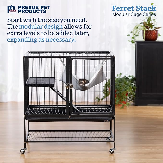 Prevue Pet Products Ferret Stack One Story Ferret Home - Portable Stand, Escape Proof Lock, Includes Hammock & Ramp, Expandable Add-On Cage Stacking System with Wheels - Black
