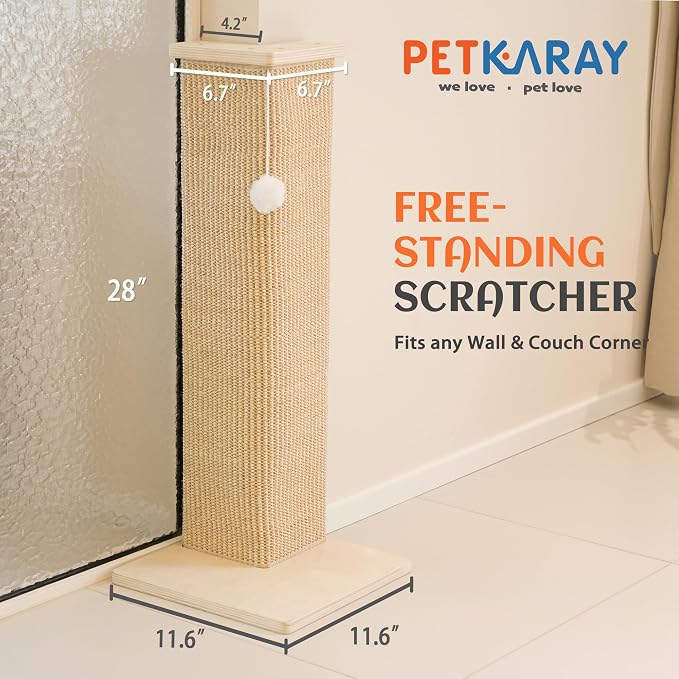 PETKARAY Couch Corner Cat Scratcher, 28'' Corner Wall Scratching Post, Sisal Cat Scratch Pad for Sofa & Furniture Protection with Toy Ball