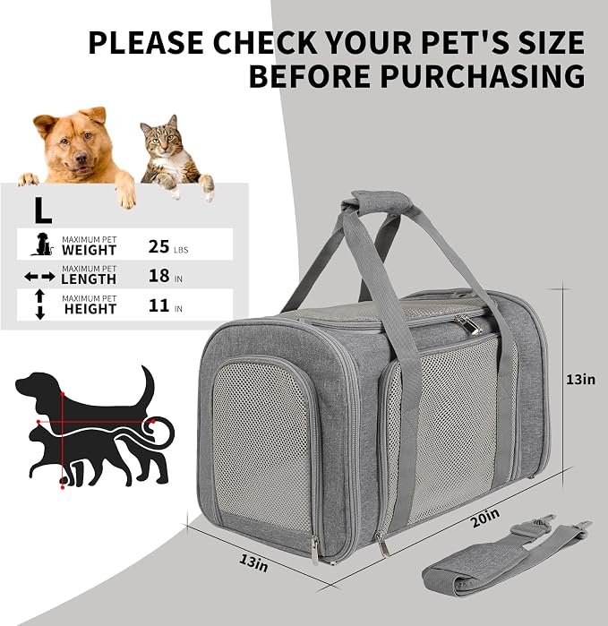 Cat Carrier, Soft-Sided Airline Approved Pet Carrier Case with 4 Ventilated Windows for Cats and Dogs Under 10-25Lbs (17.0 L x 11.0 W x 11.0 H Inch, Grey)