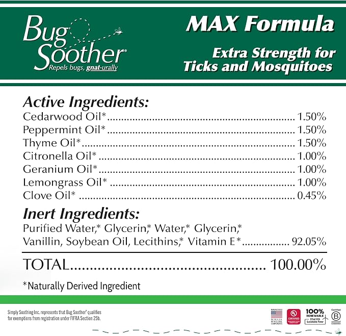 Bug Soother MAX DEET-Free Tick & Mosquito Repellent Spray, 8 oz. 2 Pack | Extra Strength | Natural & Plant-Based | Safe for Entire Family | Woody/Herbaceous Aroma | Made in the USA