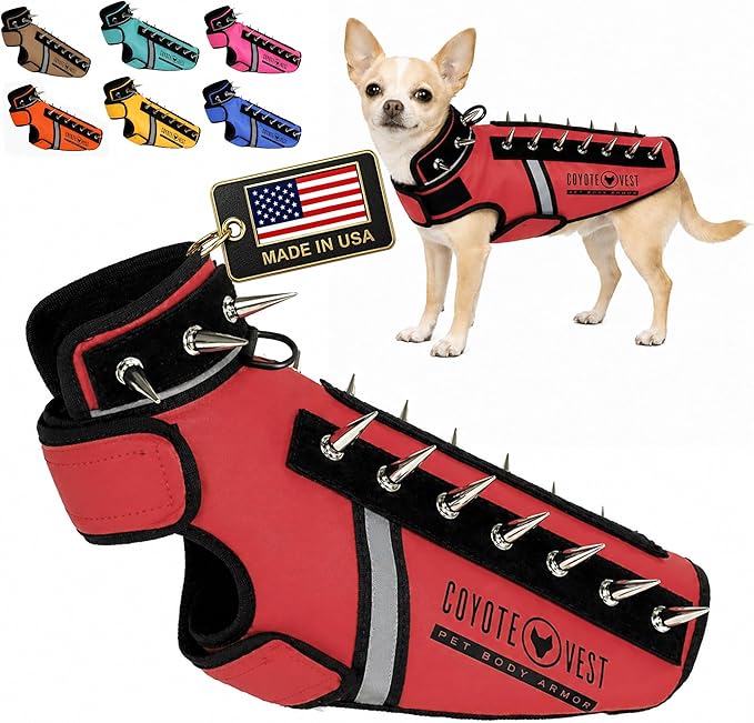 CoyoteVest SpikeVest Dog Harness, Made in the USA, XXS-Red | Stab-Resistant Protective Vest | Coyote Vest for Dogs | Defends Against Coyotes, Dogs, Birds of Prey | Reflective Safety