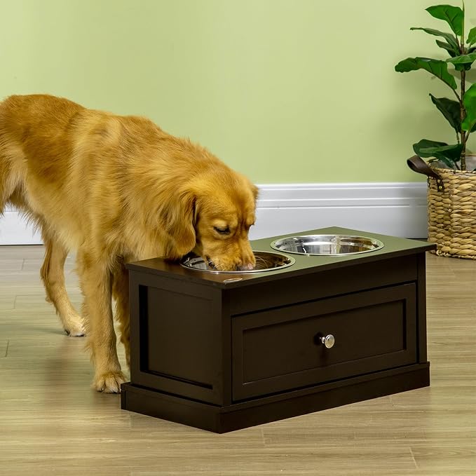 PawHut Large Elevated Dog Bowls with Storage Drawer - 11L Capacity, Raised Dog Bowl Stand Feeding Station, Brown | Raised Dog Bowl Stand, Pet Food Bowl, Pet Feeding Station