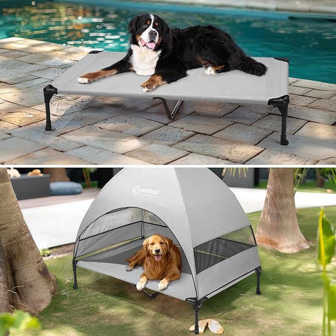 Veehoo Outdoor Dog Bed with Canopy, Cooling Elevated Dog Shade for Outside | Portable Raised Dog Cot with Removable Shade, Sun Protection Dog Tent Outdoor for Camping, Beach, 49" x 43.5", Grey