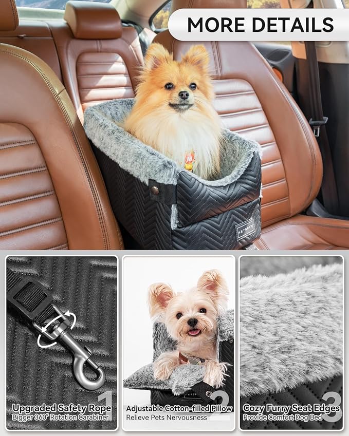 PETSFIT Dog Console Car Seat with Dual Adjustable Seat-Rail Anchor Hooks | Anti-Collapse Leather Armrest Booster Carseat with Safety Tether, Washable Cushion, Soft Pillow for Pets Under 8 lbs, Black