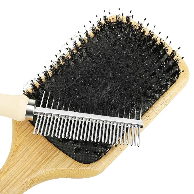 2-Pack Dual-Sided Hair Brush Cleaning Tool - Mini Cleaner Comb with Wooden Handle for Removes Hair & Buildup from Boar Bristle, Paddle, Detangling & Styling Brushes
