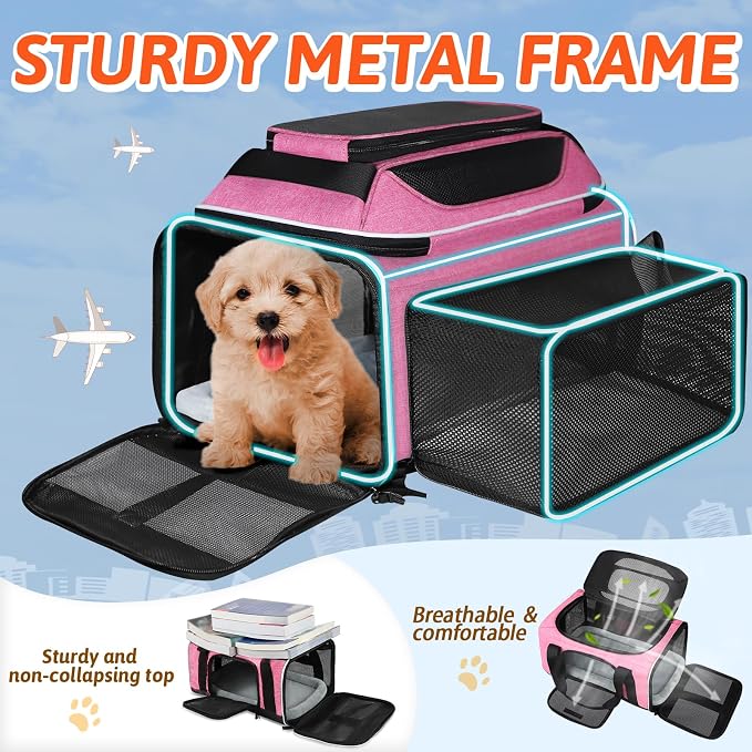 Petskd Top and Side Expandable Pet Carrier 18x11x11 Inches Delta United Airline Approved, Soft-Sided Carrier for Small Cats and Dogs with Locking Safety Zippers and Anti-Scratch Mesh(Pink)