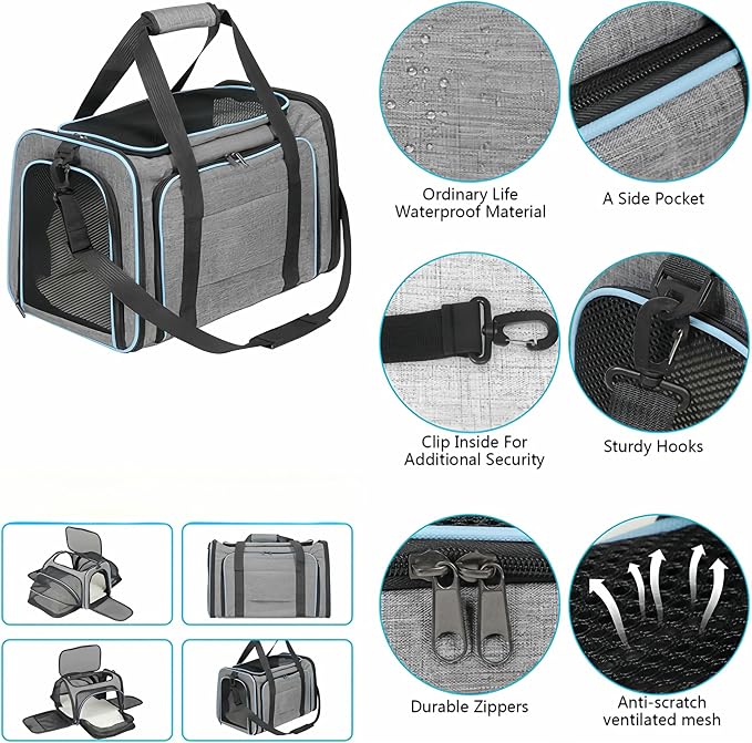 Expandable Cat Carrier Pet Carrier with 2 Extensions,Airline Approved Soft-Sided Portable Dog Travel Washable Carrier for Kittens,Puppies,Removable Soft Plush Mat (Grey Green, Medium)