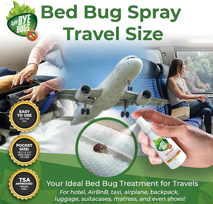 Say Bye Bugs Bed Bug Spray Travel Size- Non-Toxic and Kills on Contact. Stain & Odor Free Bed Bug Spray. New Formula for Getting Rid of Bed Bugs Permanently (2 oz) TSA Approved Size-Travel Must Haves