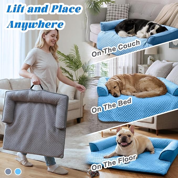 GGIB Cooling Dog Bed Mat with Bolster Pillow Washable Dog Couch Cover Breathable Summer Pet Couch Bed Protector Indoor(Medium, Cooling Grey)