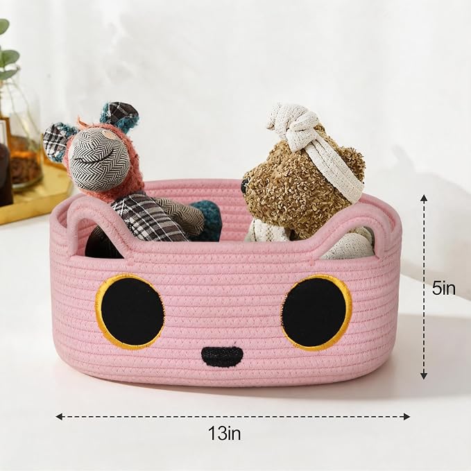 Pink Cat Toy Basket, Small Woven Cat Toy Storage Box with Cute Ears Handle Indoor, Cotton Rope Storage Bin with Embroidered Face for Home Decor, Pet Bed, Baby Nursery Kids Room Organization